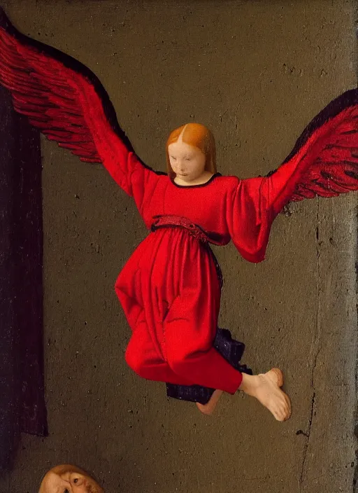 Image similar to Flying Fallen Angel with wings dressed in red, Medieval painting by Jan van Eyck, Johannes Vermeer, Florence