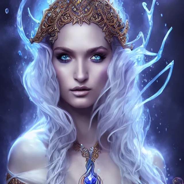 Image similar to beautiful elemental water witch with ornate robes and staff, highly detailed, 4 k, hdr, smooth, sharp focus, high resolution, award - winning photo, artgerm, photorealistic