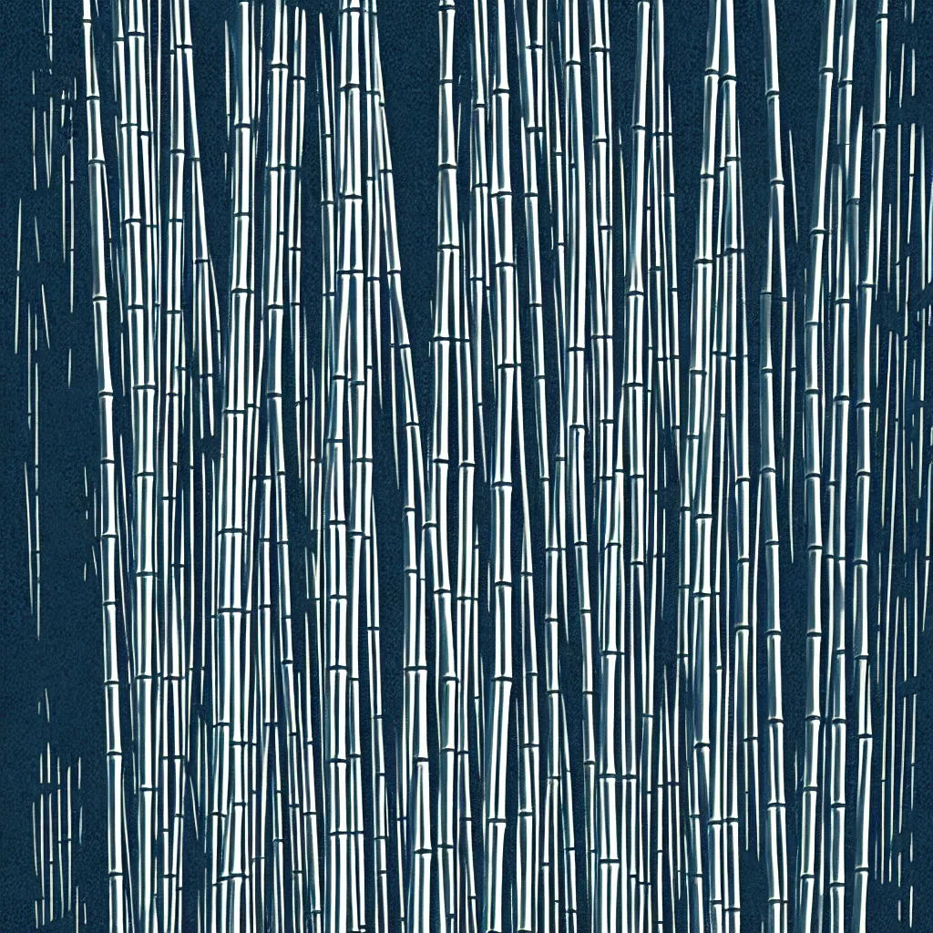 Image similar to bamboo forest with ferns by, mads berg, karolis strautniekas, film noir, stippled light, dramatic lighting, editorial illustration, detailed, fine texture, matte print, art deco, brutalism, dark blue + dark orange, red, black, ( ( habitat 6 7 background ) )