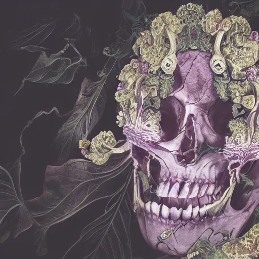 Prompt: a beautiful detailed rococo 8 0's photo of a rotten woman corpse becoming almost a skull with face muscles, veins, arteries, fractal plants and fractal flowers and mushrooms growing around, intricate, ornate, volumetric light, beautiful lit, beetlejuice