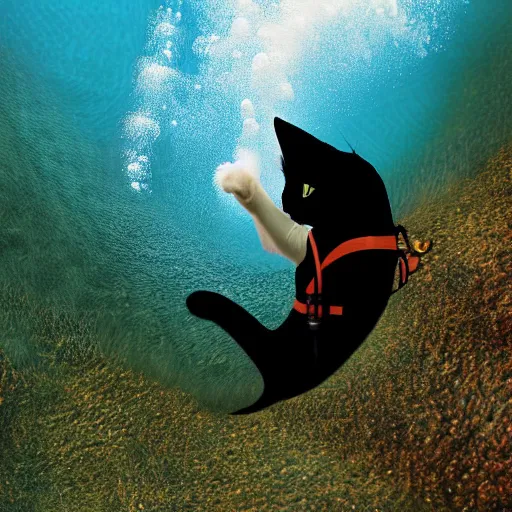 Prompt: cat wearing diving suit swimming in a river, 8k photograph, cat photography
