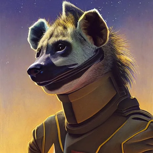 Image similar to a portrait of a hyena hyenaman canine star trek in a starfleet uniform chief engineer. zootopia fursona furaffinity furry art detailed face highly detailed painting by gaston bussiere craig mullins jc leyendecker gustav klimt artgerm greg rutkowski furry