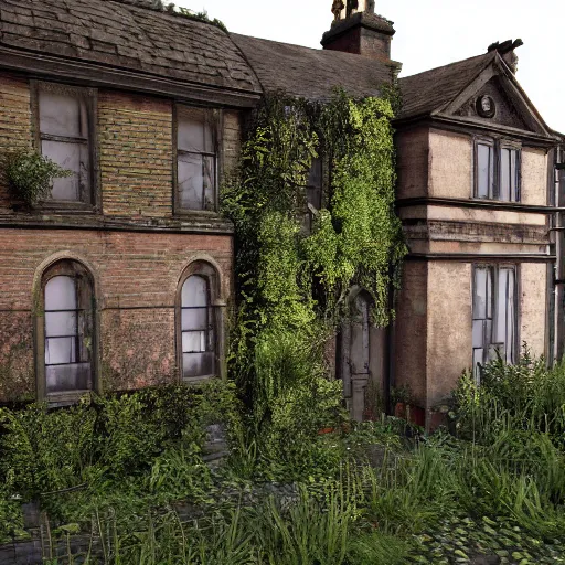 Image similar to outside a derelict victorian house, garden in front of house is overgrown and walls are crumbling down, moss and ivy cover the walls ray traced unreal 5, ultra details