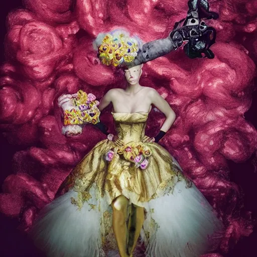 Image similar to “ 8 k, octane render, realism, tonalism, renaissance, rococo, baroque, portrait of charlize theron wearing long - harajuku manga - dress with flowers and skulls, cotton candy!! ( background chaotic gold leaf flowers ) ”