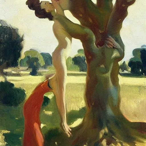 Image similar to a man and woman with tree heads watering each other, beautiful, john singer sargent style painting