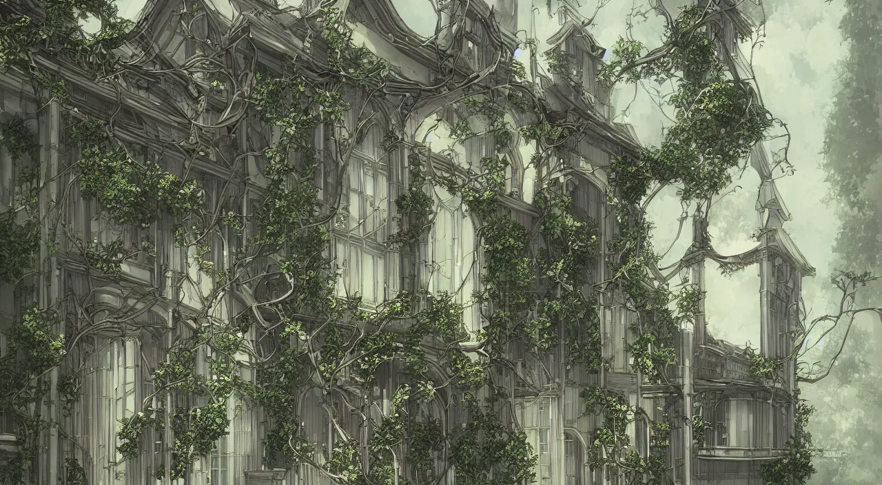 Image similar to house, by akihiko yoshida, ivy, stylized, artstation, atmosphere, by makoto shinkai, hanging vines, photorealistic, baroque, art nouveau, pixiv