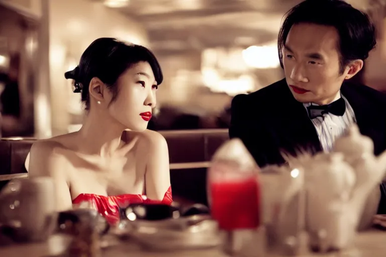 Image similar to movie interior closeup beautiful Japanese model couple closeup sitting and talking at 50s diner, night in the city, beautiful skin, by Emmanuel Lubezki