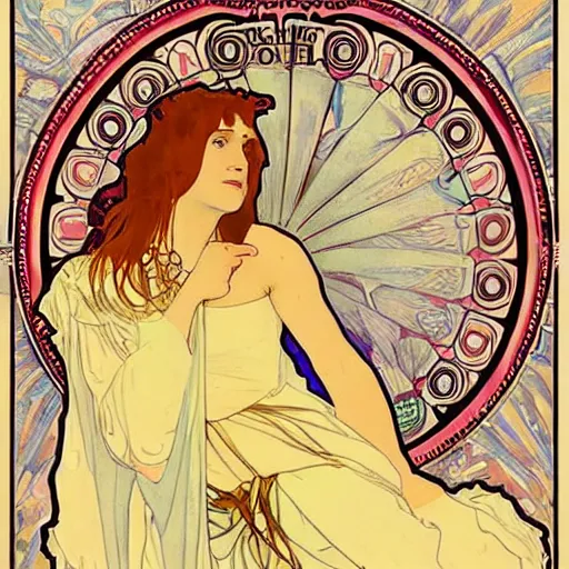 Prompt: florence and the machine and the soul of alphonse mucha