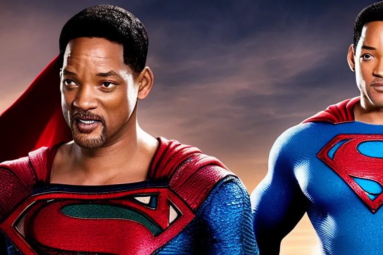 Prompt: promotional image of will smith as superman in the new superman movie, detailed face, movie still frame, promotional image, imax 70 mm footage