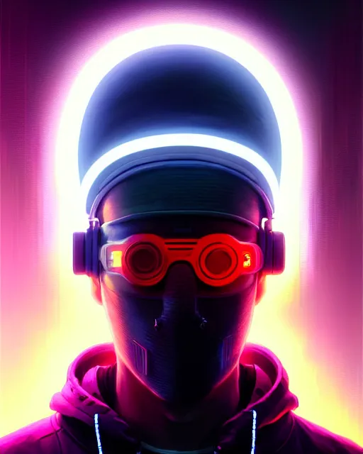 Image similar to cyberpunk synth, hyper - realistic detailed portrait of a man in a hoodie, with neon visor mask, digital painting, by atey ghailan, by greg rutkowski, by greg tocchini, by james gilleard, by joe fenton, by kaethe butcher, sharp focus