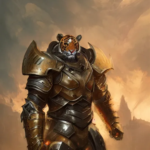 Image similar to commission portrait of a male anthro tiger wearing heavy combat armour.dramatic,character design by charles bowater,greg rutkowski,ross tran,hyperdetailed,hyperrealistic,4k,deviantart,artstation,professional photography,concept art