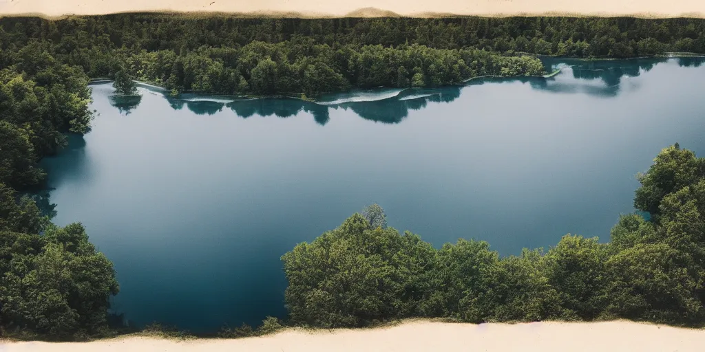 Image similar to centered photograph of a long rope snaking across the surface of the water, stretching out towards the center of the lake, a dark lake on a cloudy day, trees in the background, anamorphic lens