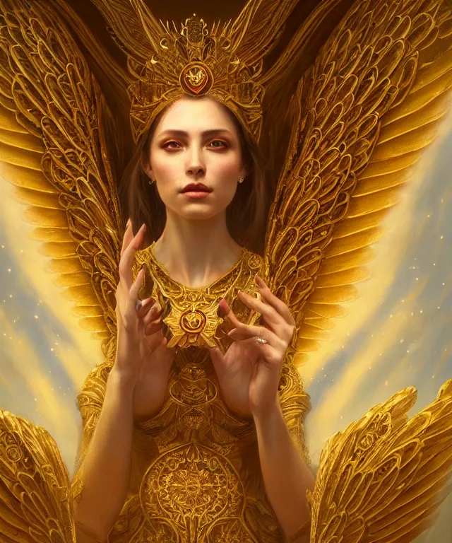 Image similar to a ultradetailed painting of a beautiful! empress, symmetrical features, golden ornate dress, angelic wings, magical realism, by greg rutkowski and karol bak, volumetric lighting, 4 k