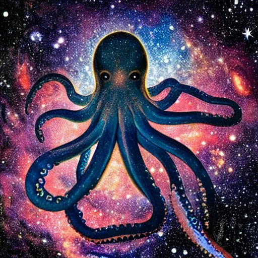 Prompt: a giant octopus god covered in stars in floating among the galaxies of the milky way