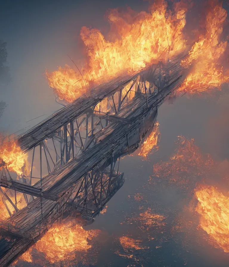 Image similar to a beautiful hyperrealistic detailed 3D render of a burning bridge, by Anton Otto Fischer, Atey Ghailan, genzoman, unreal engine, octane render, gigantic, 3D, brilliantly coloured, intricate, ultra wide angle, trending on artstation, embers, smoke, dust, dusk, volumetric lighting, HDR, polished, micro details, ray tracing, 8k