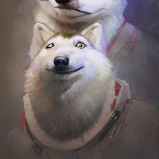 Image similar to portrait of an anthropomorphic husky astronaut, furry furaffinty, husky astronaut fursona, by greg rutkowski and gregory manchess