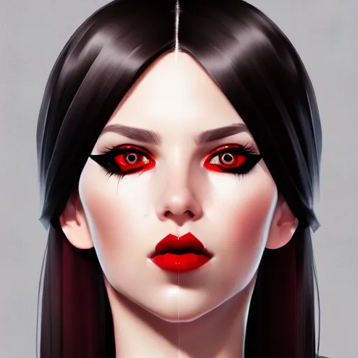 Prompt: a realistic illustration portrait of a beautiful cute girl with wavy black and red hair, a pointy nose and, round chin black eyeliner, trending on artstation, dynamic, asymmetrical, hyper - realistic lighting, intricate, ross tran, realistic hair
