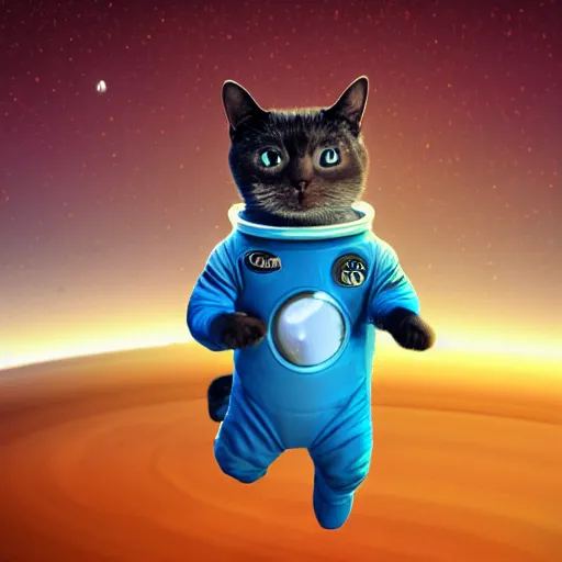 Image similar to A cat with beautiful blue eyes in a space suit jumping over the Saturn planet, digital illustration, concept art, 8k, trending on artstation, highly detailed