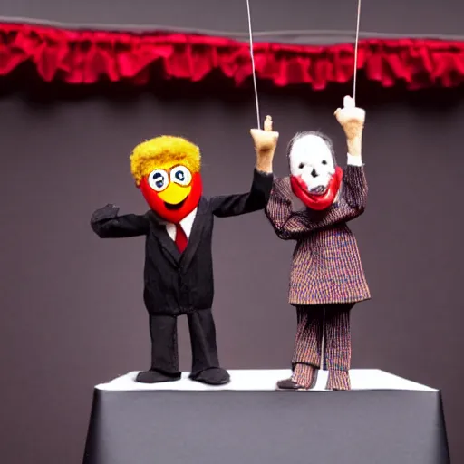 Image similar to puppet show of a string marionette of a president with clown face in a podium