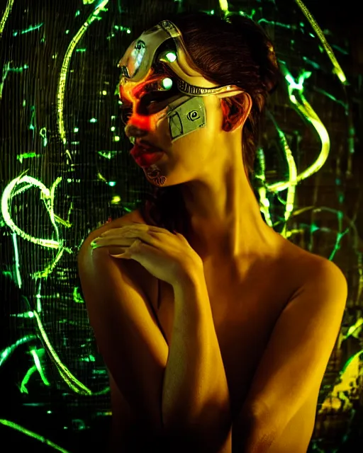 Image similar to photo of sensual female as a solarpunk cyborg with fluorescent lamps over face, real human face with skin, ultra - realistic and detailed, long exposure, soft focus hdr 8 k