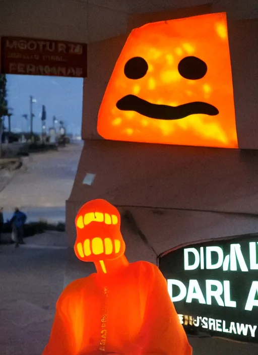 Prompt: giant orange glowing humanoid with a sign saying Daniel Aros