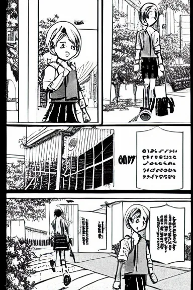 Image similar to adult girl short hair is walking to school, black and white artwork in manga style, made by toriyama akira, intricate, comic page