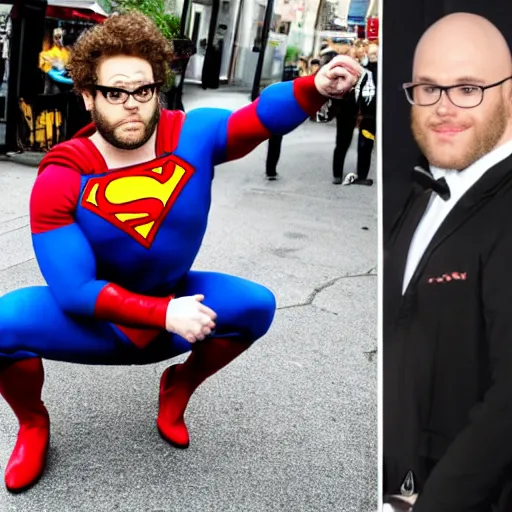 Prompt: Seth Rogan dresses as Superman, doing a squat