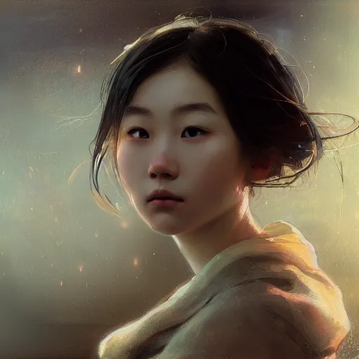 Prompt: a beautiful young asian girl glasses, freckles, jeremy mann and alphonse mucha, photo realistic, dynamic lighting, windy, artstation, poster, dreamy, volumetric lighting, ethereal, 4 k, high detail