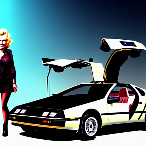 Prompt: portrait of marty mcfly and marilyn monroe next to a delorean dmc - 1 2, digital art, artstation, high detail, 4 k, sharp focus