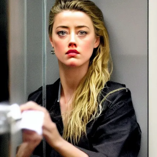 Prompt: amber heard behind bars locked in a jail cell with a frown on her face and wearing a prisoner uniform