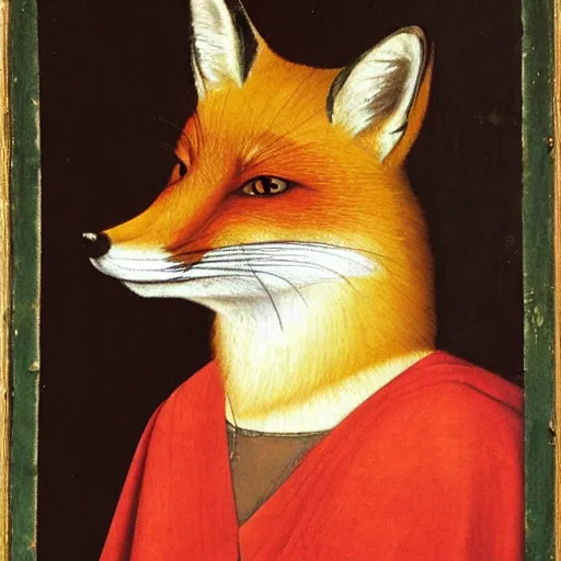 Prompt: a renaissance style portrait of the red fox (Vulpes vulpes) wearing a crown and a cape, dark background