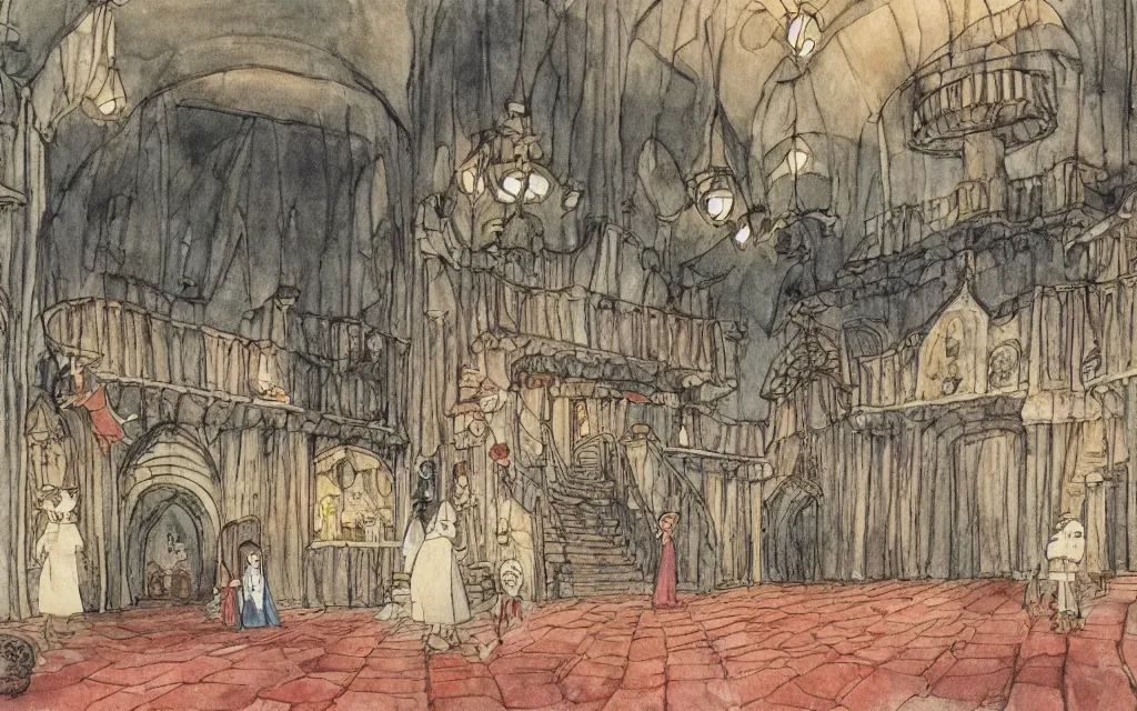 Image similar to interior, a large hall in the castle decorated for halloween drawn by hayao miyazaki, watercolor illustration for a book