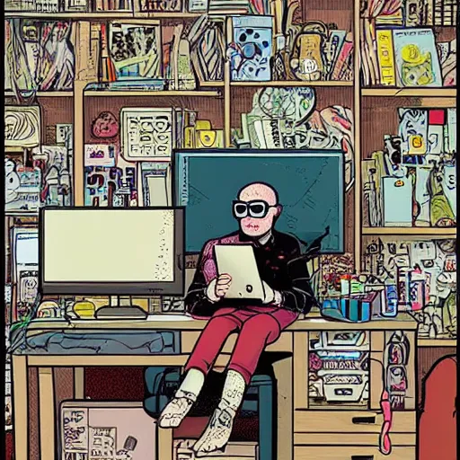 Image similar to goth nerd sitting at a computer in a cluttered room, by geof darrow, geof darrow art,