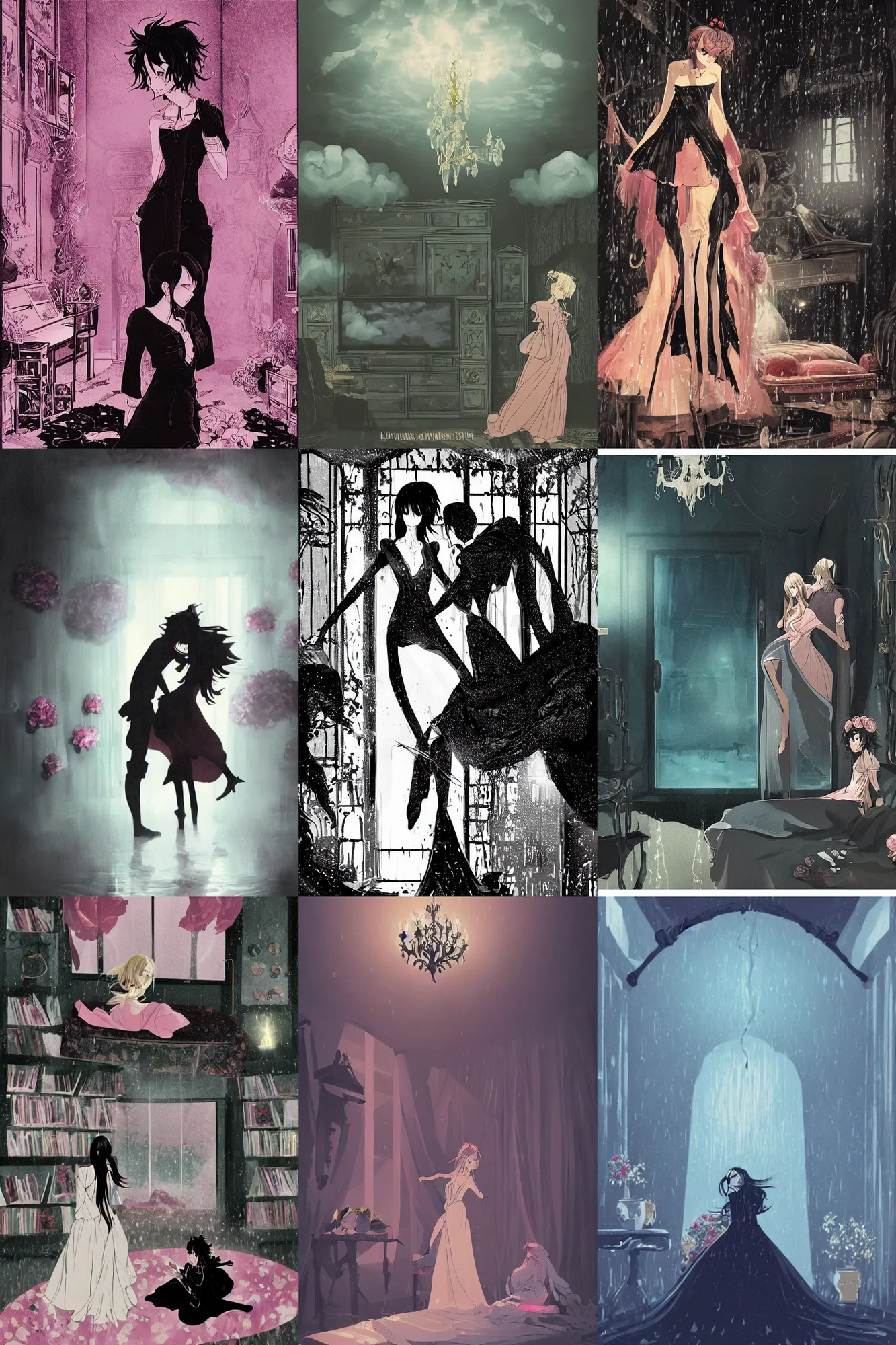 Prompt: room of the nameless painter, luxury castle, a cinematic boy girl traditional romance moment wearing boho clothing and peonies, black silhouette against the background, bestselling movie art poster, official media, 1970s fashion, official anime media, elegant decollete, sculpture, fog and rain, dynamic pose, thunder clouds in the sky, nature, illustration, intimidating lighting, incredible art by artgerm and greg rutkowski and doja cat