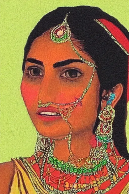 Prompt: indian princess, gorgeous, close - up portrait, mspaint. crude. low quality low - res, grainy. poorly rated