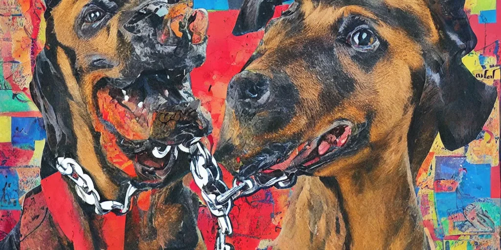 Image similar to mad doberman on a chain, collage, acrylic on canvas, expressionism movement, breathtaking detailed, by blake neubert