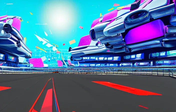 Prompt: wide angle shot of a futuristic racetrack from the attendee stands with confetti on a sunny day with a clear blue sky and big tv screens in the background showing the car race, cyberpunk, profile shot, digital painting, good value control, unreal engine 5, 8 k, fourze, realistic textures, wipeout 2 0 4 8, f - zero