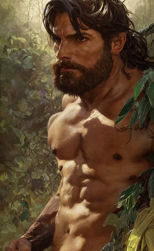 Image similar to portrait of the god of the forest, 30 years old, rugged, male, gorgeous, detailed face, amazing, thighs!!!!!!, muscular, intricate, highly detailed, digital painting, artstation, concept art, sharp focus, illustration, art by greg rutkowski and alphonse mucha