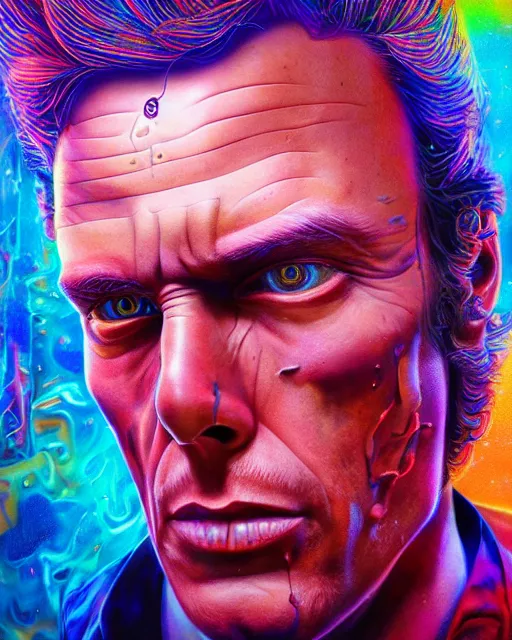 Prompt: portrait ultra dimensional dirty harry entity, accidentally tripping on dmt and acid, psychedelic experience, overwhelming psychosis of self realization and burning awakening, ultra high definition, unreal engine 5, hyperrealism, masterpiece composition, by casey weldon, barclay shaw 8 k photorealistic