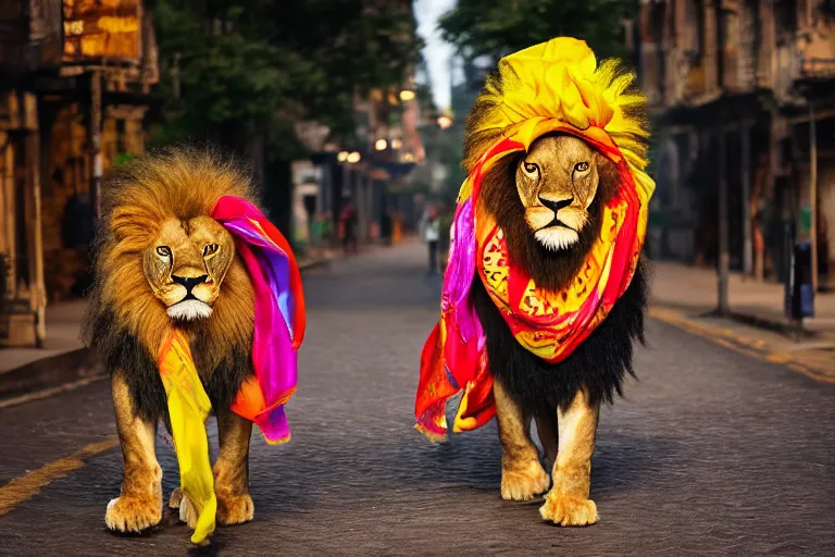 Image similar to A photograph of a lion wearing a brightly coloured hat and silk scarf, proudly walking down the street, national geographic photography, cinematic lighting