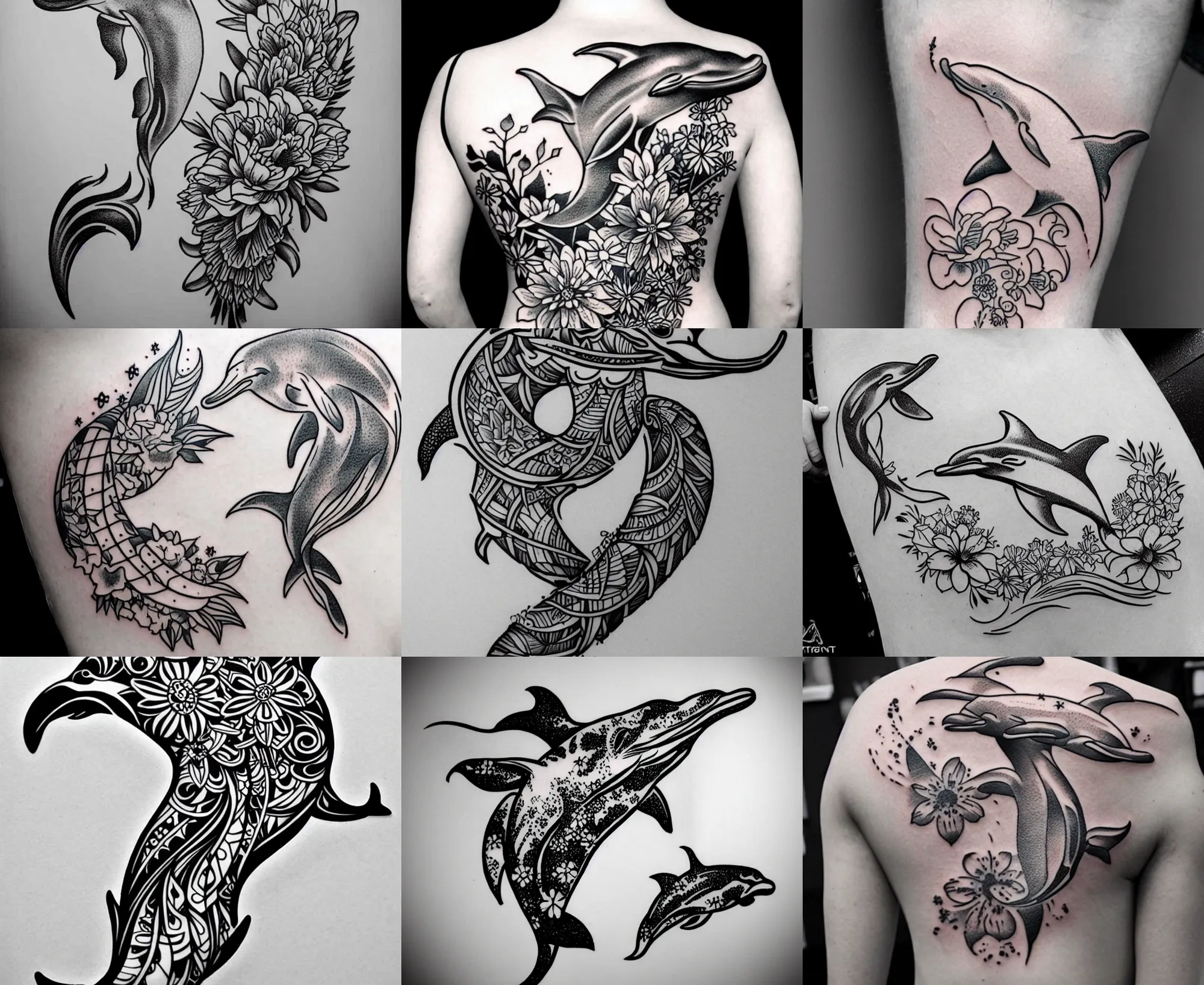 Prompt: detailed amazing tattoo stencil of a floral dolphin