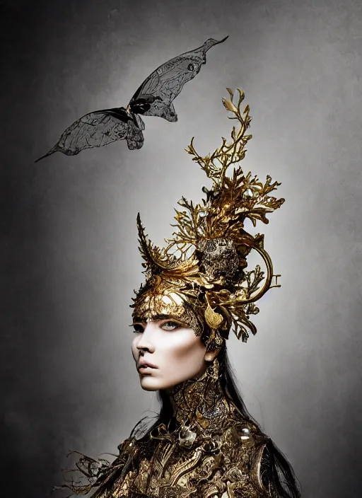 Image similar to a portrait of female model by stefan geselle and nekro borja, photorealistic, intricate details, hyper realistic, fantasy, elegant, ornate metal gold headpiece, photorealistic, canon r 3, photography, wide shot, symmetrical features, wide angle shot, whole body, full body shot, standing pose, feet on the ground, studio background