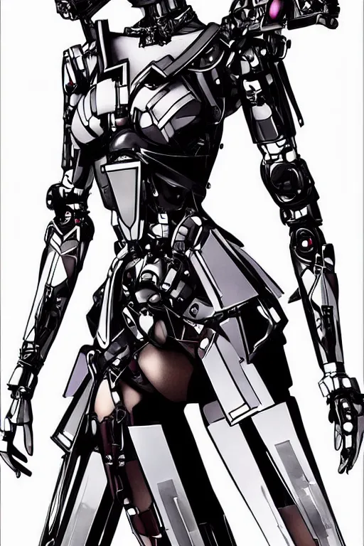 Image similar to feminine fashion robot character design by yoji shinkawa, sharp lines, highly detailed, full body shot