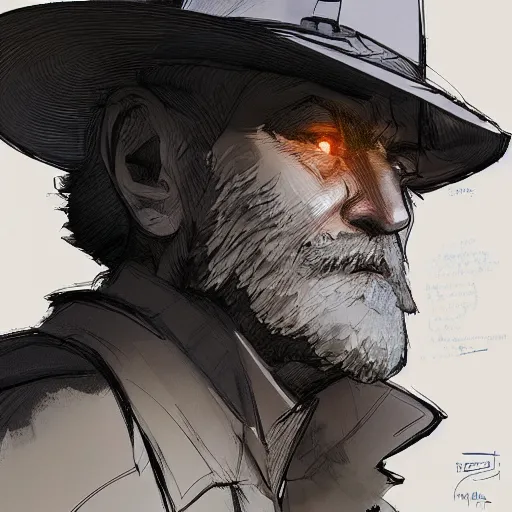 Image similar to portrait of a 55 year old man with short gray hair and a round gray beard, wearing a checkered shirt and a wide brimmed hat, dramatic lighting, illustration by Greg rutkowski, yoji shinkawa, 4k, digital art, concept art, trending on artstation