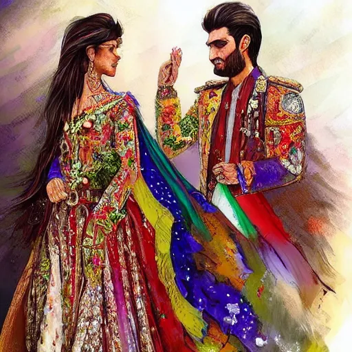 Image similar to kurdish wedding, highly detailed, digital painting, artstation, award winning art, sharp focus, incredibly strong and tall