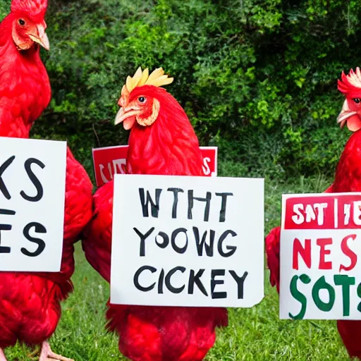 Image similar to 3 chickens holding signs