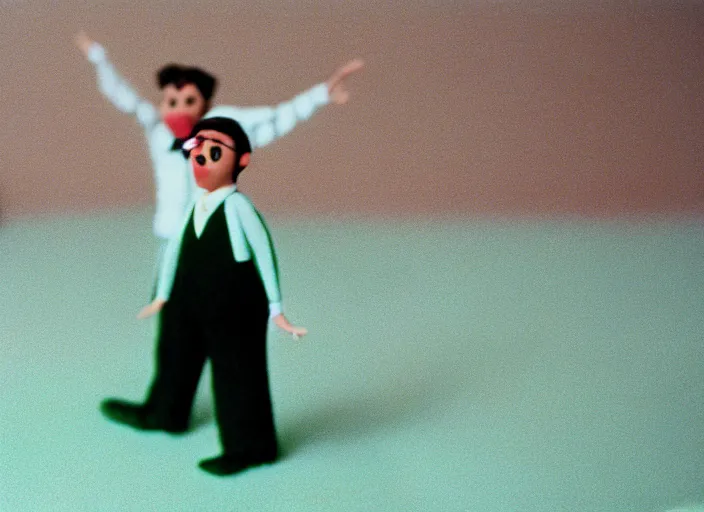 Image similar to 1 9 8 0 s cinematic screenshot cinestill portrait of a stop motion claymation film, green book, shallow depth of field, 1 8 mm, f 1. 8, film grain