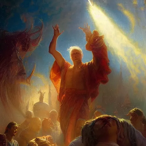 Image similar to donald trump as jesus, radiant light, caustics, heroic, bright iridescent light, by gaston bussiere, bayard wu, greg rutkowski, maxim verehin