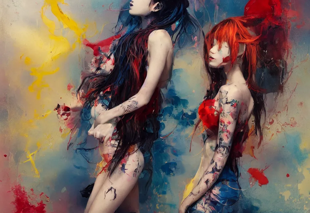 Image similar to full body portrait of a duo of 1 9 years old girl figures, messy hair, oriental tattoos, jewelry, subjects wearing savile row menswear, beautiful, dramatic, cinematic lighting, phtalo blue, lemon, fire red, few vivid pink highlights, visible brushstrokes, by ross tran and jeremy mann and guweiz, oil on canvas, artstation, pixiv