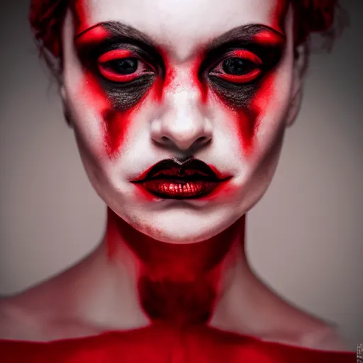 Prompt: stunning beautiful portrait photography of a face detailing demonic Countess wearing red and black dress from national geographic magazine award winning, dramatic lighting, taken with Sony alpha 9, sigma art lens, medium-shot